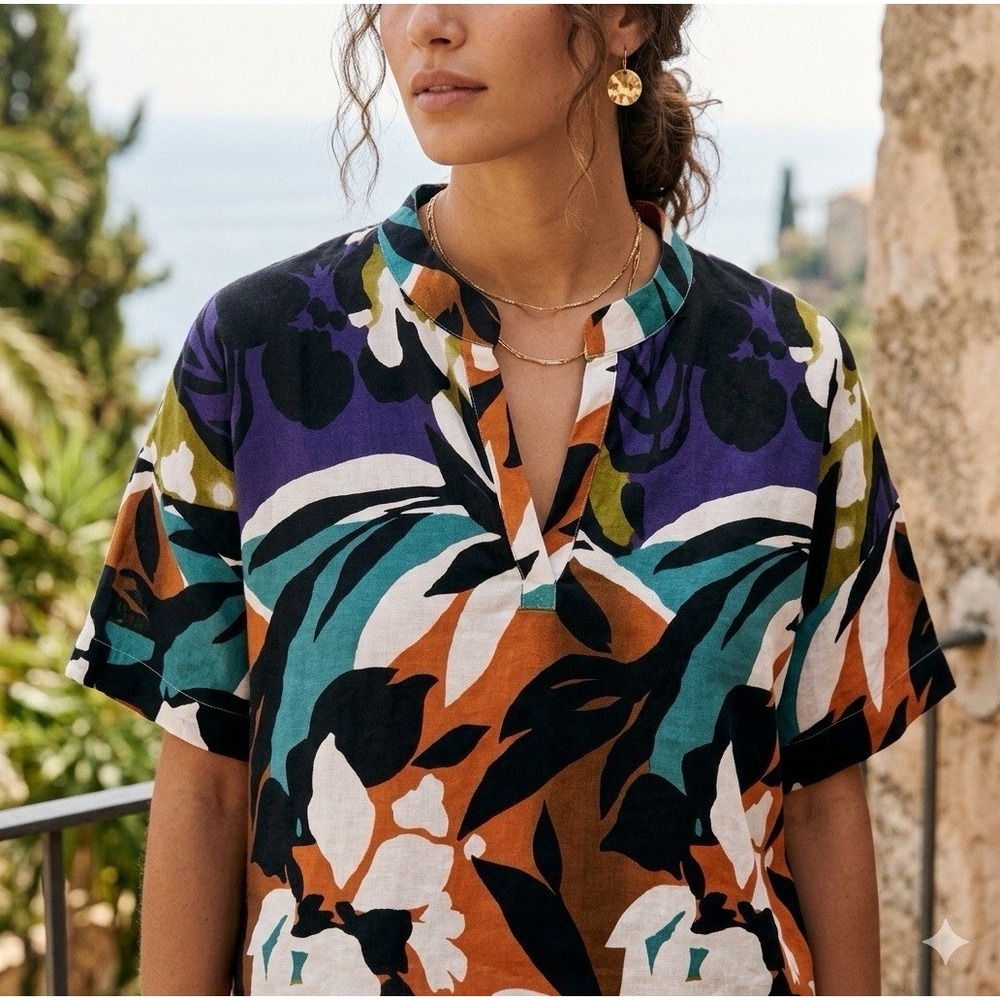 FOR CYNTHIA XL Floral Zebra Mix Print Linen Blend Boho Blouse Shirt Summer VNeck
